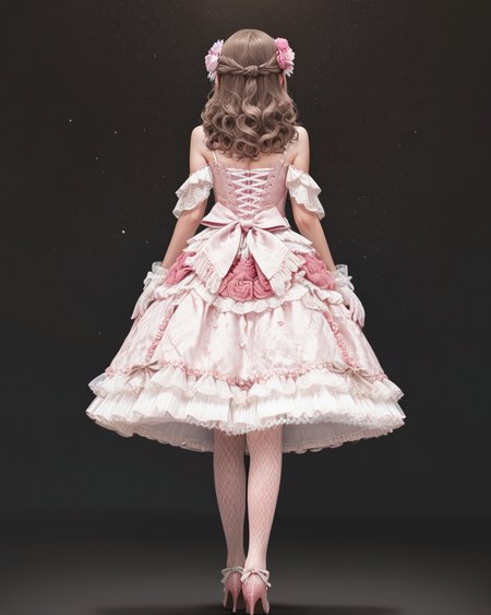 Positive: Masterpiece, best quality, amazing quality, very aesthetic, high resolution, ultra-detailed, absurdres,
1girl, solo, 
ev4r15,
brown hair, long hair, curly hair, wavy hair, blunt bangs, black eyes, bare hair,
pink lace tiered dress,
tiered,lace,frills,bare shoulders,pink flower,frilled dress,bow,jewelry,
lace gloves,white gloves,
choker,pearl necklace,
hair flower,hair ornament,
pink high heels,fishnet_pantyhose, 
black_background, star_\(sky\), standing, full_body,from_behind, face away, medium_dress, 
