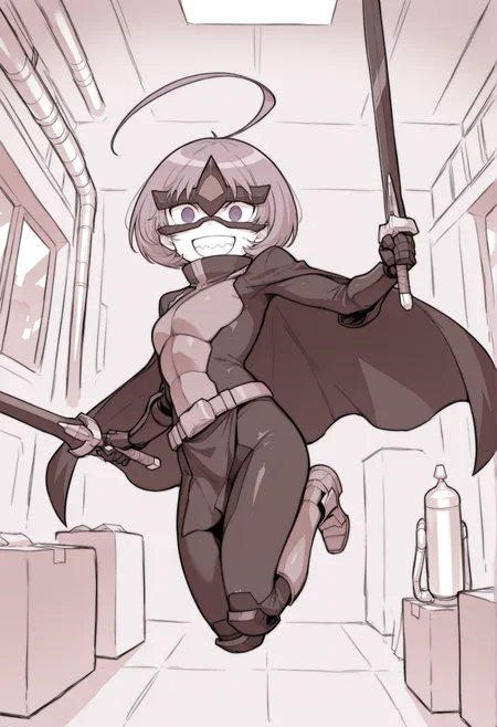 monochrome, lineart, incoming attack, holding sword, dual dual wielding, 1girl, short hair, huge ahoge, @_@, armored bodysuit, black cape, purple eyes, purple hair, gloves, black mechanical gauntlets, black eye mask, belt, pelvic curtain, armored boots, indoors, factory, jumping, legs up, teeth, smile  <lora:biggumane:1> <lora:Bronco_Mask_Trash:1> jumping towards viewer, front view, masterpiece, best quality, amazing quality, very aesthetic, absurdres, highres, newest