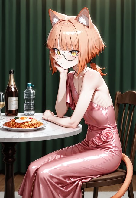 1boy, trap, flat chest, skinny, light orange cat ears, light orange cat tail, low ponytail, air_ bangs, (light orange hair), yellow eyes, slit pupils, round glasses,
solo,
indoors, fried egg, table, bottle, frowning, sitting, curtains, chair, looking at viewer, closed mouth, plate, pasta,hand on face,
<lora:oneshouldersatindressIL:1>, oneshouldersatindress, satin dress, long dress, one shoulder dress,  pink dress, rose print, single sleeve,
masterpiece,best quality,amazing quality,   <lora:gogalkingIL-style:0.8>