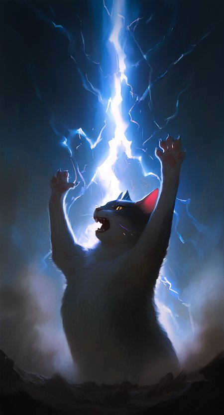 masterpiece, best quality, good quality, very aesthetic, absurdres, newest, open mouth, sky, arms up, no humans, night, fangs, smoke, realistic, electricity, space, battle, whiskers, lightning, dust,very fat cat,solo,Intensive lightning, From Side, <lora:ponyv5_noobV065S_1_adamW-000013:0.7> <lora:USNR_STYLE_XL_lokr:0.45>