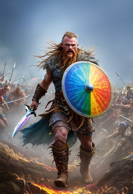 VALHERO neouv, viking warrior holding rainbow shield and rainbow sword while running through the battle of ragnarok