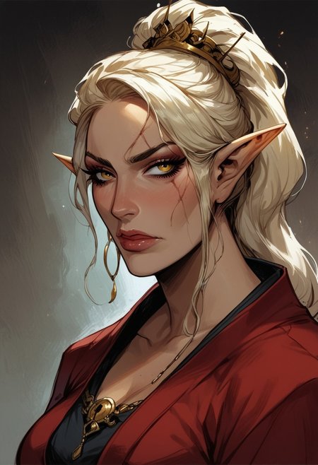 score_9, score_8_up, score_7_up, BREAK,
1girl, mature and imposing, 30 years old, portrait, beautiful, Elf  wizard, asian, asian woman, golden colored skin, tanned skin, tanned, sunbathed, sunbathed skin, evil, villain, blonde hair, medium brests, golden eyes, mature, mature woman, long ponytail, single ponytail, side bangs, modest clothing, red fantasy toga, red kimono, closed mouth, arrogant <lora:Fant5yP0ny:0.6> <lora:fantasy_world_pony:0.9>
<lora:Cherry-Gig:0.55>