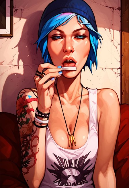 Score_9_up, score_8_up, score_7_up, 1girl, solo, chloe price, arm tattoo, dark blue beanie, tanktop, necklace, cleavage, l1ckp4p3r, bedroom, Expressiveh