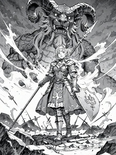 1girl armor blonde_hair dragon_girl fantasy holding holding_polearm holding_weapon horns lance polearm shield virtual_youtuber weapon
, <lora:Berserk:0.8>, score_9, score_8_up, score_7_up, zPDXL3, monochrome, greyscale