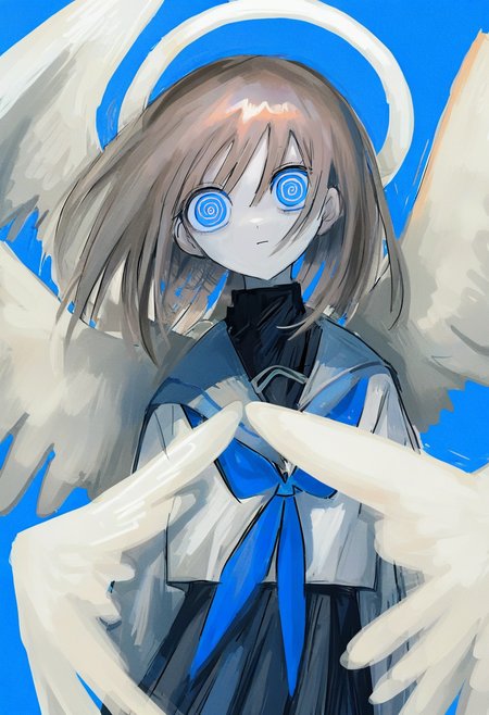 solo, 1girl, wings, halo, skirt, school uniform, feathered wings, sailor collar, looking at viewer, serafuku, blue eyes, neckerchief, shirt, blue neckerchief, angel, blue background, pleated skirt, closed mouth, angel wings, black skirt, white shirt, bangs, medium hair, ringed eyes, brown hair <lora:shiunXL_NB11_lokr_V6311P:0.95>