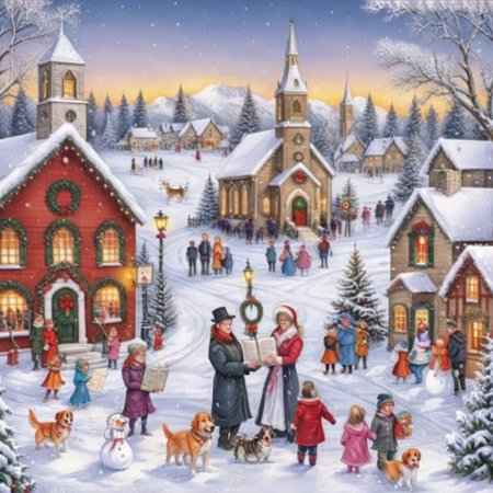 vxc, a winter village surrounded in snow, christmas tree, choir, church, snowman, families, pet dog <lora:Vintage_Christmas_Card_Generator_XL-KK:0.8>