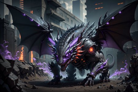 (robotic black and red dragon),(masterpiece, Extremely detailed, 8k, photorealistic,UHD,best quality, highres:1.3),robort,(photorealistic:1.2)(dept of field:1.2),dof, absurdres, (realistic:1.5),fine detail, HDR,  perfect illumination, distinct, , (open mouth),(cybernetic body),(fangs:1.2),(post-apocalyptic lanscape:1.2), wings, (claws),cyberpunk,electronic part,(breathing purple_fire:1.3),detailed eyes,
film grainy, insane details, intricate details, hyperdetailed, unreal engine, trend on artstation,highly detailed,science-fiction,futurist,
(mechanical),close up,
<lora:Dragons v1:0.3>,<lora:FINAL  Robort:0.2>