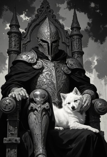 A Gothic-inspired digital painting captures a Knight Templar in a close-up, seated regally on an intricately carved, imposing throne. The knight wears finely crafted plate armor, rendered in meticulous detail, with etched patterns of swirling vines and sacred crosses adorning the chest plate and shoulder guards. His great helm, with a narrow vertical slit and subtle ridges, exudes an air of enigmatic authority. Draped over his left side is a flowing black robe, its folds adding depth and texture to the composition, contrasting against the cold, polished steel of his armor. Resting on his lap is a pure white Pomeranian, its silky fur luminous and soft, standing out as the sole touch of color in an otherwise monochromatic scene. The throne is a masterpiece of Gothic design, featuring carved arches, angular spires, and skull motifs, emphasizing the somber, medieval tone. The background fades into abstract, smoky textures of black and gray, adding a shadowy, atmospheric depth. The interplay of light and shadow highlights the intricate details of the knight's armor and throne, while the dog’s delicate presence introduces a surreal juxtaposition of strength and tenderness. The monochromatic black-and-gray sketch style enhances the haunting elegance of this composition, blending themes of power, loyalty, and solemnity.