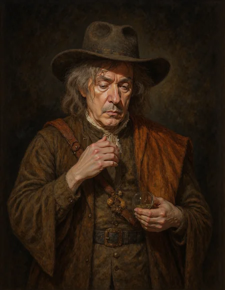 Rembrandt style <lora:Dark_Ghibli:0.6>, masterpiece portrait of old man, <lora:4oCaricature_early:0.6>, mid body, portrait, <lora:RICHIE_BLACMORE:1> . Baroque, chiaroscuro, realistic, emotional, "flat lighting