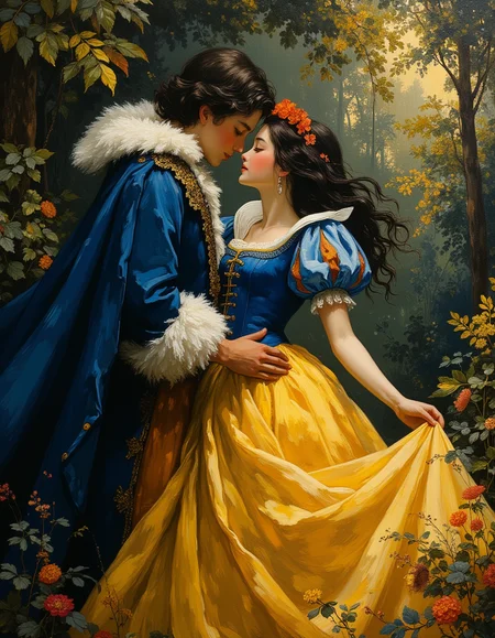 oil painting of a teen Snow White, a radiant figure with alabaster skin and ruby red lips, is romantically dancing with her prince in an enchanting forest clearing. Her iconic dress, with its bright blue bodice, puffed sleeves, and flowing yellow skirt, swirls gracefully as she moves. The prince, wearing a regal blue doublet and a cape, gazes lovingly at her, his hands steady as they guide her in the dance. The atmosphere feels magical, the air shimmering faintly with golden sparkles, as if the forest itself celebrates their love.
top light, masterful painting, oil on canvas, Focus on the Snow White, shadow and light, Masterpiece, intricate lines, intriguing atmosphere, sharp magnificent details, delicate features, elaborate details, (2\3 rule composition:0.5), ultra detailed, romantic, Rembrandt lighting, brush stroke, lovely, del1cate_balance style, novuschroma, in the style of Rembrandt. vantablack <lora:style_of_Rembrandt_FLUX_135:.8> <lora:- Flux1 - vanta_black_V2.0:.3> <lora:Delicate_Balance:.3> <lora:113_novuschromaFLX_1:.4> <lora:neeeg_f1:-1> <lora:Midjourney_Whisper_Minimal:.4>