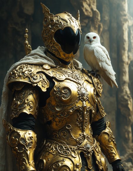 highly detailed cinematic scene, an armored warrior in ornate, polished golden armor stands with a white owl perched on their shoulder. The armor is intricately designed with regal, otherworldly patterns, and the warrior's helmet has a futuristic black glass. The owl's soft white feathers contrast with the warriorâs metallic sheen, mystical feel. The blurred background, with hints of earth tones, keeps focus on the figures, striking composition. The palette is dominated by gold and white, creating an ancient, mythical atmosphere, moody, epic, film grain, <lora:Elden_Ring_-_Yoshitaka_Amano:0.6>, <lora:- Flux1 - soothing_atmo_V2.0:0.4>, <lora:aidmaMJ6.1:0.6>