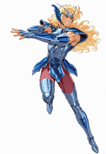 safe_pos, masterpiece,best quality,amazing quality, NishimuraXL, cephalbioreilxl, 1boy, male focus, toned male, blue eyes, wavy long hair, blonde hair, blue circlet, blue pauldrons, blue breastplate, elbow length vambraces, blue faulds, maroon pants, thighhigh greaves, fingerless gloves, ((action pose)), smile, plain white background, white background,