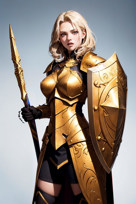 an illustration of a female paladin adorned in holy armor, wielding a holy shield, closed mouth, spiked armor, gold trim, standing, majestic background
masterpiece, best quality, intricate detail, high background detail, high contrast,   <lora:emotion_angry_slider_v1:1> raytracing,  <lora:backlight_slider_v10:1> <lora:contrast_slider_v10:2>