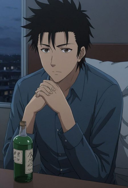 Highres, Masterpiece, High Quality, 4K, 8K, solo, 1Boy, Soujirou Agata, brown eyes, black hair, Sad, share, deep talk, hotel room, dim weather, sitting, weak, facing viewer, complicated, anxious, empty alcohol bottle, self torture, alone, lost, hopeless, hearthless, helpless, easynegative, detailed_eye_model