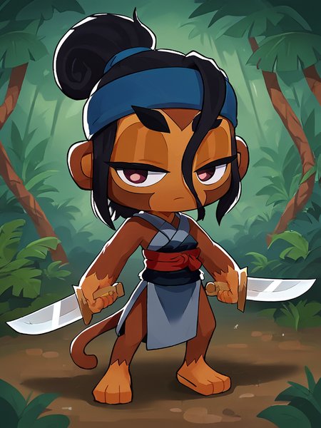 score 6 up,score 7 up,<lora:BTD6:0.8>,btd6,no nose,monkey,furry,half closed eyes,sauda,sword,holding sword,black hair,blue headband,1girl,jungle background,full body,