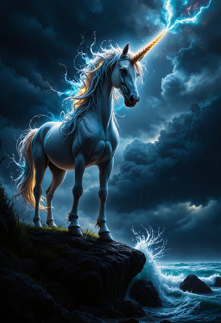A majestic unicorn standing on a cliff's edge during a stormy night. The unicorn has a glowing, spiraled horn and a flowing mane that glows with an ethereal light, blending shades of silver and blue. Its white coat is sleek and shines with a faint luminescence. The cliff is rugged, with jagged rocks and sparse, windblown vegetation. Below, the ocean waves crash violently against the rocks, sending sprays of water into the air. Dark clouds fill the sky, illuminated by occasional flashes of lightning, creating a dramatic and intense atmosphere. The lighting highlights the unicorn's mystical presence amidst the storm, with rain softly falling around, creating a surreal and powerful scene.  <lora:flux_vividizer:0.8>  <lora:aidmaImageUpgrader-FLUX-V0.1:0.33> detailmaximizer, <lora:aidmaMJ6.1-FLUX-V0.1:0.6> midjourneyv6.1,