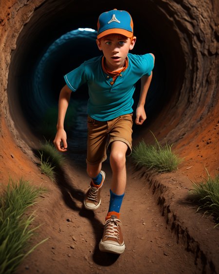 score_9, score_8_up, score_7_up, intricate details, rating_questionable,
<lora:gooeycandy1:1>,
<lora:Andy:1>,
{
1boy(andy_heart _of_darkness, freckles, green eyes, blue baseball cap, orange hair, short sleeves, blue shirt,brown running, shorts, socks, sneakers, cowboy shot, looking at the viewer, solo), underground, dark tunnel, low light, detailed background, depth of field, subsurface scattering,
<lora:xl_more_art-full_v1:0.3>,
<lora:add-detail-xl:0.3>