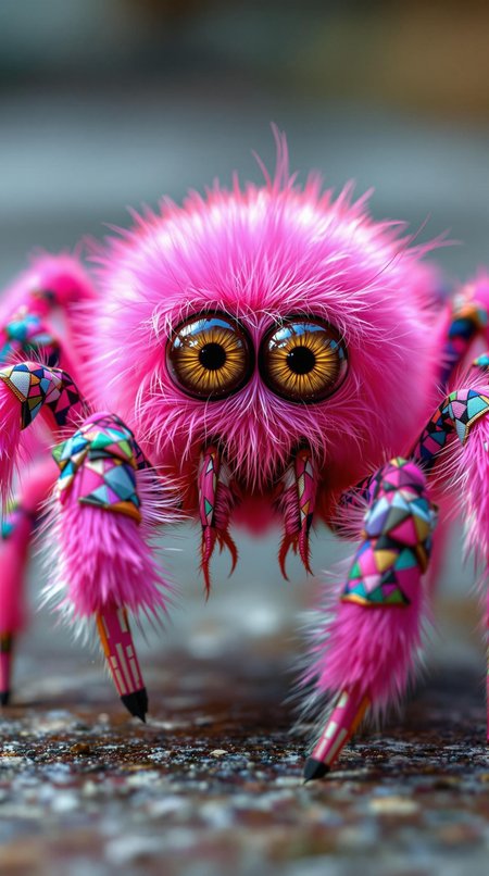 "Create a hyper-stylistic image of an adorable, yet unsettling, fuzzy pink spider. The spider's body is a vibrant, electric pink, with an impossibly fuzzy texture that seems to invite touch. Its eight feet are each clad in a pair of cool, colorful sneakers, complete with intricate laces and soles that seem to be custom-made for this fashion-forward arachnid. But the most striking feature of this spider is its eyes - two large, human-like orbs that seem to stare out with a curious, almost intelligent, gaze. The eyes are a deep, soulful brown, with subtle shading and texture that gives them a lifelike quality. The overall effect is a delightful, if slightly unsettling, blend of cute and creepy, as if this spider is trying to charm its way into your heart." highest-Quality, intricate details, visually stunning, Masterpiece