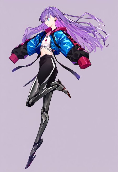 score_9, score_8_up, score_7_up, score_6_up, score_5_up, score_4_up, source_anime, 1girl, 
arabesque_\(pose\), standing_on_one_leg, en_pointe, 
long hair, purple hair, blue eyes, flat chest, ribbon, cropped jacket, sports bra, long sleeves, sleeves past fingers, leggins, mechanical legs, 
masterpiece, best quality, very aesthetic, absurdres,