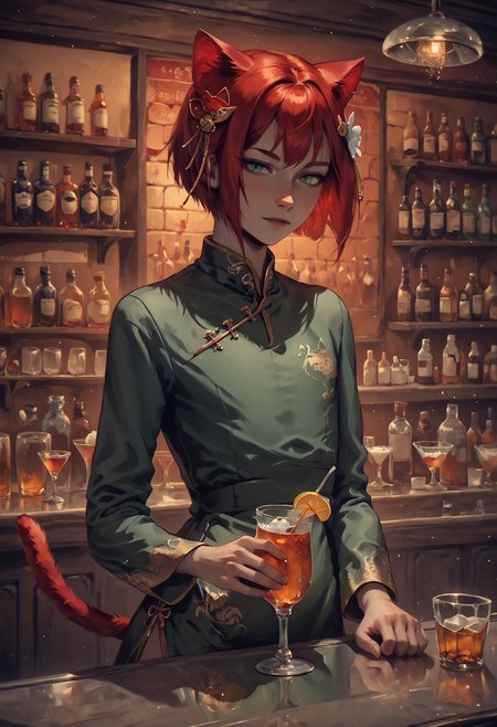 score_9, score_8_up, score_7_up, <lora:EverSpace_2_Style_PonyXL:0.6>, <lora:Cannabis_Shimajis_Yaoi_Assorted_Doujin_Artstyle_Blend_PonyXL:0.5>,  n3ko, <lora:anti_human_ears:1>, 1femboy, trap,  solo, cat red ears, cat red tail, bob hair, red hair, green eyes, fissure eyes,  <lora:Expressive_H:0.3>,  hair ornament, chinese dress, long sleeves dress, green dress, satin dress,  <lora:0711 Chinese wedding dress_v1_pony:0.6>,  good hand,  <lora:Speakeasy__Jazz_Bar:0.6>, Sp3akeasy, Bar (place), bottle, drinking glass, indoors, bartender, alcohol, holding cocktail,  <lora:LowKeyLightsPony:0.3>
