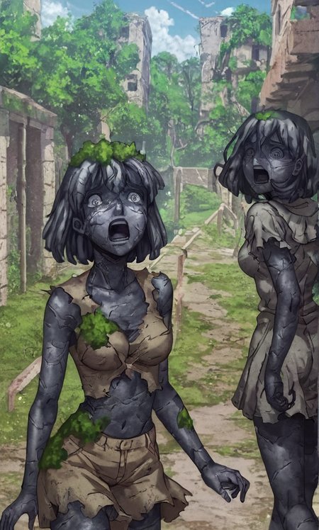 score_8_up, score_7_up, source_manga, rating_questionable, st0n3w0rld, turned to stone, stone statue, girl, scared expression, decayed clothing, cracks, growing moss, crumbling, plant growing, outdoors, group of people,   <lora:Petrification_-_Stone_World_-_Dr_Stone:0.8>