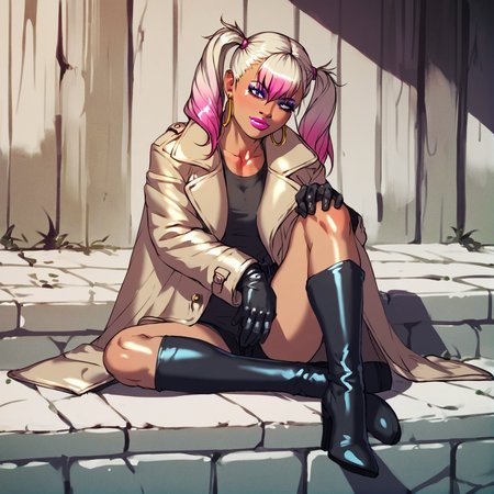 <lora:Dmitrys_Style_v2_PonyXL:0.8>, by dmitrys, dmitrys, score_9, score_8_up, score_7_up, score_6_up, score_5_up, score_4_up, source_anime, source_cartoon, rating_safe, 1girl,  boots, coat, dyed-hair, eyeshadow, gloves, high heel boots, hoop earrings, lipstick, makeup, female, trenchcoat, twintails,  detailed background, in a stream, knot sitting