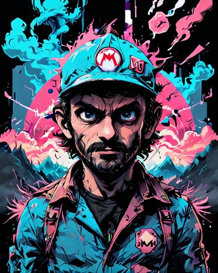 <lora:Dark_Novel:0.7> the super mario bros. movie, | synthwave, vaporwave, retro futurism, neon double exposure, vaporwave background, circuit board, dark futuristic, (masterpiece:1.2), best quality, high resolution textures
 OverallDetail-SDXL SkinHairDetail-SDXL SkinDetail-SDXL EyeDetail-SDXL