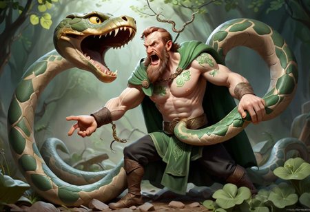 Saint Patrick wrestles with a huge snake, (((Celtic theme:1.2)))
He grabs the snake by the neck and trips up the snake neck, the snake is horrified and falls backward. Holding the serpent in his other hand. Masterpiece, ultra-realistic, ultra-detailed, concept art