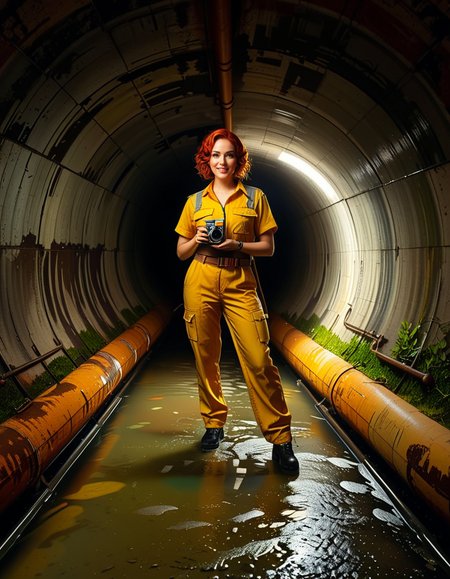 A young woman, April O'Neil, stands confidently in front of a large, circular sewer pipe,L4rg3 s3w3r p1p3. She has vibrant red, shoulder-length wavy hair and wears her iconic bright yellow jumpsuit with utility-style details, such as rolled-up sleeves and visible pockets. A brown utility belt is fastened around her waist. She holds a microphone or a small camera in one hand, highlighting her role as a journalist. Her expression is determined and slightly smiling, radiating courage and curiosity.
The sewer pipe behind her is massive and weathered, with green moss and moisture stains around its edges. The interior of the pipe is dark and shadowy, while the exterior is illuminated by soft natural light. There is a small puddle of water or wet ground in front of the pipe, reflecting faint light.
The background features an urban, industrial setting with worn brickwork surrounding the sewer opening, showing signs of age and decay. Small wild plants and grass grow around the base, adding a touch of nature to the scene.
The lighting is soft and dramatic, with natural sunlight streaming in and casting gentle reflections on the ground and inside the pipe. The image is styled as a semi-realistic illustration with vivid, bright colors for April O'Neil, contrasting with the muted, earthy tones of the background. The overall mood is adventurous and cinematic.<lora:SDXLFaeTastic2400:0.4> <lora:extremely_detailed:0.4> extremely detailed, <lora:L4rg3_s3w3r_p1p3:1>, Masterpiece,best quality,hi res,8k,hi res,8k,award winning,(sharp focus, intricate, highly detailed),
