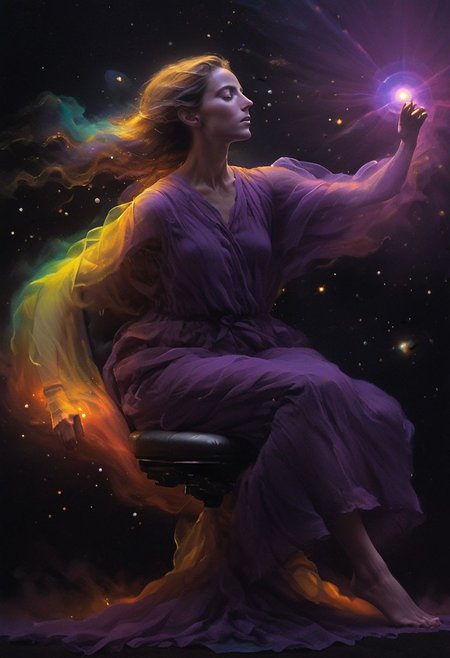 super closeup portrait, Capturing the essence of cosmic serenity and earthly vigor, depict a woman suspended in her office chair amidst the vast expanse of space. Her surroundings are a vibrant mix of colors, with deep blacks contrasting against vivid hues. In the distance, translucent planets in shades of purple and dark yellow add to the surreal atmosphere. Her long hair billows freely in the weightlessness of space, embodying a sense of boundless freedom and graceful motion.
deep Blacks, very detailed, atmospheric haze, Film grain, cinematic film still, shallow depth of field, highly detailed, high budget, cinemascope, moody, epic, OverallDetail, 2000s vintage RAW photo, photorealistic, candid camera, color graded cinematic, eye catchlights, atmospheric lighting, imperfections, natural, shallow dof