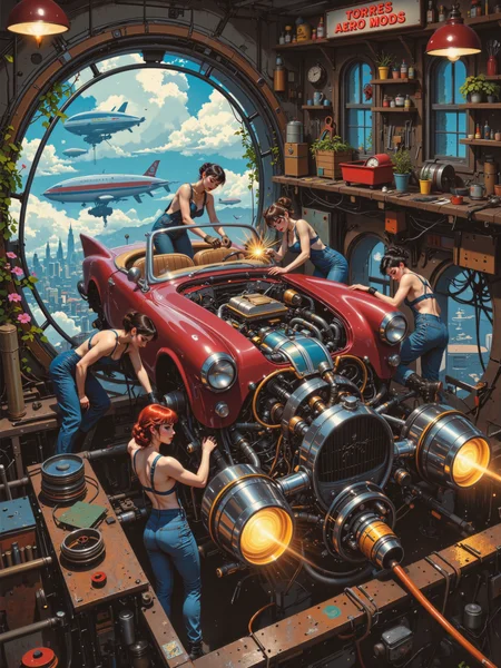 famous artwork, masterful digital art by alejandro burdisio, highly detailed and realistic, retro-futurism inspired by 1950s pin-up art with a dieselpunk and a latin american urban aesthetic, inside a floating car repair shop suspended high above the planet, a team of stunningly gorgeous latina mechanics with 1950s hairstyles, dressed in sexy blue jeans overalls, are at work piecing together a bizarre flying contraption, with perfect hands they are expertly assembling a magnificent fusion of an elegant, awe-inspiring burgundy vintage sports car and highly futuristic alien technology, sparks fly as welding torches illuminate the dimly lit workshop, casting golden reflections on chrome-plated decorations and exposed thrusters of the flying car. the rusted industrial interior of the workshop is stuffed with tools, spare parts, and another half-assembled flying vehicle in the background. colorful metal signs, oil-stained hovering platforms, and thick power cables create a chaotic yet functional workspace, massive steam vents release thick clouds of white vapor, behind them, large bay doors reveal a sprawling cityscape of floating neighborhoods and sky bridges, balconies planted with beautiful flowers, blue sky, billowing clouds and bustling air traffic. the mechanics themselves are a striking mix of sexy 1950s pin-up beauty and rugged expertise, their hair wrapped in colorful scarves, grease-streaked faces glowing under the workshop lights, one leans over the car's open engine bay, adjusting a glowing blue power core, while another wipes sweat from her brow with a confident smirk, their body language and expressions radiate skill, determination, and a sense of camaraderie. a cinematic mid-range shot, slightly low angle, emphasizing the scale of the workshop and the floating carâs imposing design, warm golden lighting from overhead lamps blends with the cold blue hues of the futuristic tech, creating a visually striking contrast, ovg, aidmamj6.1, aidmafluxpro1.1, <lora:style-alejandro_burdisio-flux-by_adel_ai:0.8> <lora:image_upgrade-flux-by_zeronwo7829:0.6> <lora:midjourney_61-v0.5-flux-by_aidma:0.48> <lora:flux_pro1.1_detailer-v0.3-flux-by_aidma:0.48>