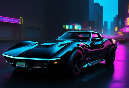 black corvette stingray, cyberpunk city, neon lights