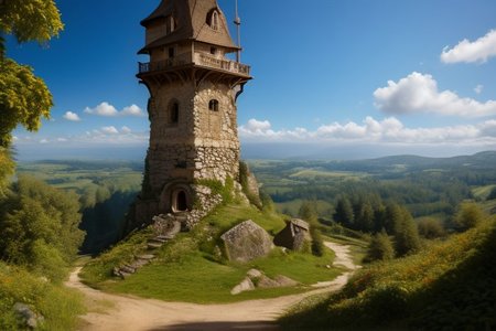 realistic analog photo, award winning photo, vary wide shot of stone witow tower:1.3, no humans, scenery, blue sky, dirt road, tropical island, nature, outdoors, RAW, highres, 8k, uhd, High Dynamic Range, crisp details,