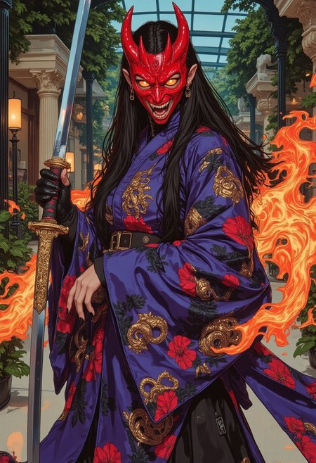This digital illustration ((pingtu style, illustration-fen, niji, gothic, erotic, anime)) depicts a fierce woman in an oversized robe with glowing floral patterns. She wears a striking red demon mask with sharp, angular cheekbones, deep-set eye slits, and intricate gold etchings resembling veins of fire. The mask’s snarling expression, flared nostrils, and elongated fangs give her an intense, commanding aura. Her long, flowing hair cascades down her back, partially blending with the voluminous fabric of her attire. The robe’s luminous floral motifs shift from neon blues and purples to fiery oranges and reds, casting an ethereal glow.  
She grips a real katana, its blade engulfed in roaring flames that flicker with supernatural energy. The detailed hilt features gold embellishments and engraved dragon motifs. The fire casts reflections across her attire, heightening the scene’s drama.  
The background is an arthouse gallery filled with lush botanical greenery, where towering plants and vines intertwine with modern sculptures. Soft ambient lighting filters through glass panels, illuminating the polished floors, which faintly reflect the glow of her robe. The fusion of traditional warrior elements with a refined, artistic setting creates a surreal yet powerful atmosphere.
