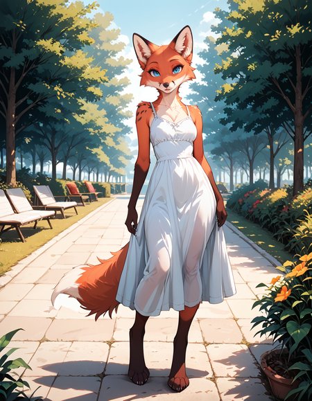 score_9,score_8_up,score_7_up,score_6_up,
outdoors,park, 
full body,seductive smile,parted lips,long eyelashes,
standing, barefoot, pose,
sundress, 
 <lora:Foxy_v02_PDXL:1>,Foxy,1girl,solo,furry female,fox girl,fox tail,body fur,two-tone fur,orange fur,white fur,fox ears,animal ear fluff,blue eyes,snout,animal nose,
<lora:add-detail-xl:1>,