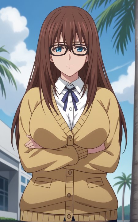 score_9, score_8_up, score_7_up, absurdres, 1girl, bare tree, branch, breast hold, crossed arms, day, outdoors, palm tree, stomach, cowboy shot, blue sky, cloud, blurry background, legs together, closed mouth, standing, thighs, arm under breasts, <lora:PONYXL_YukuhashiRena_SimpleYetSexy_ownwaifu:1>, BREAK YellowSweater_YukuhashiRena_ownwaifu, 1girl, brown hair, long hair, glasses, black-framed eyewear, blue eyes, freckles, cardigan, white shirt, collared shirt, sweater, long sleeves, neck ribbon, yellow sweater, hair between eyes, shirt, skirt, opaque glasses, yellow cardigan, necktie, breasts, blue ribbon, blue skirt, large breasts, pencil skirt, dress shirt, <lora:add-detail-xl:0.15>,
