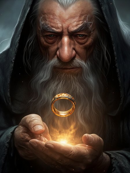 A hyperrealistic close-up, half-figure portrait of Gandalf the Grey, his intense gaze focused downward as he holds his hand under the One Ring, which levitates just above his open palm. Gandalf’s expression is a mix of awe, contemplation, and caution, his piercing eyes capturing the weight of the ring’s power and his own reluctance to handle it. Fine wrinkles and age lines on his face are intricately detailed, capturing the wisdom and burden of his years. His grey cloak and robes are richly textured, each fold and shadow rendered with lifelike precision, while his long, white beard flows naturally down his chest.

The One Ring hovers above his hand, glowing with an eerie, molten golden light that illuminates the Elvish script carved into its surface. The iconic letters glow a fiery orange-red, their curves and lines vividly etched, as if burning from within. The light from the ring casts a warm, golden glow on Gandalf’s hand and face, creating complex shadows and highlights that contrast against the cooler tones of his clothing and the dim background.

A faint, magical aura surrounds the ring, with subtle particles of light drifting upward, hinting at its otherworldly power. The background is dark and blurred, ensuring the viewer’s attention remains on Gandalf and the ring, with only hints of mist or faint light in the distance to add depth. The lighting is dramatic and focused, with the ring as the central source, casting a delicate radiance on Gandalf’s fingers and the furrowed lines on his brow. This composition captures the intensity and danger of the One Ring, suspended in a moment of powerful, quiet tension