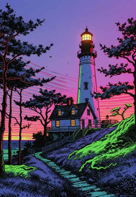 (epic:1.2), trending on artstation, (high quality:1.2), (masterpiece:1.2), high details, incredibly absurdres, colorful), (Ukiyo-e:1.16), (Outsider Art:1.36),  (Astrophotography:1.36), (linocut:1.17), (whimsical:1.17), (Fluxus:1.36), (macro shot:1.13) (Two-shot:1.33) (2/3_front:1.16) ,, (location:(forest:1.19) (savannah:1.31),(lighthouse:1.33)),(color scheme:(periwinkle, pink and lime:1.24) (purple theme:1.21) (green theme:1.24),(analogous colors:0.42) (neon palette:1.33) (vignetting:0.42)),