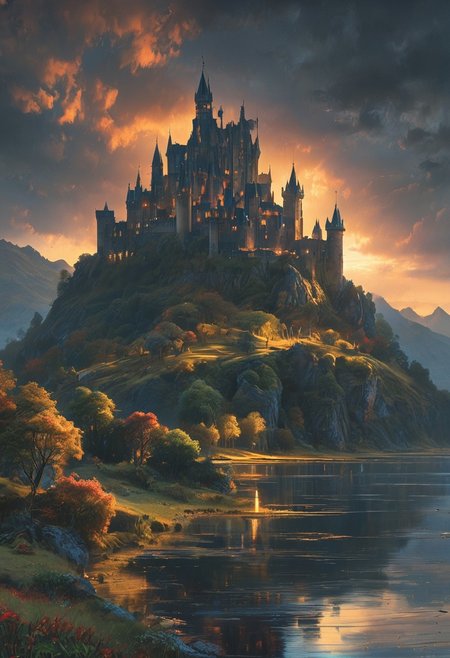 A captivating night scene illustration featuring a beautiful castle on a large  hill overlooking a lake in the highlands of Scotland. The castle is ancient but well maintained and updated and comfortable to live in.  This enchanting artwork captures a serene and peaceful early morning, where the sun is just starting to rise over the beautiful highlands and castle which   stands resolute amidst highlands, creating a cinematic experience., illustration, cinematic
<lora:DonM3t3rn1tyXL-v1.1:0.7>, DonM3t3rn1tyXL,
OverallDetailXL  <lora:MJ52:0.3>  <lora:SDXLFaeTastic2400:0.4>  <lora:EpicF4nta5yXL:0.7>