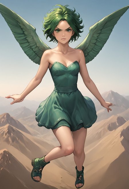 SFW, rating_all, score_10, score_8_up, score_7_up, beautiful, realistic, detailed, perfect, quality, vector, flat colors, masterpiece, solo, 1females, slimes_sylph, wings, friday's dress, green eyes, green hair, friday's footwear, flying, arms folded, glaring at viewer, full body
