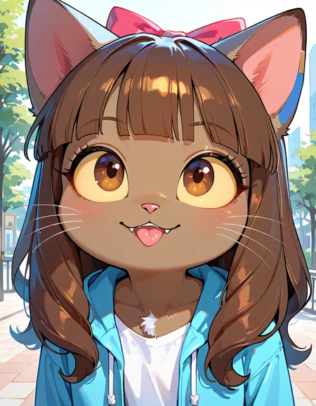 masterpiece, best quality, very aesthetic, absurdres,
outdoors, casual, 
headshot, face focus, happy, tongue out, posing, 
parted lips, long eyelashes, fangs, 
 <lora:Ivy_Pepper_v01_NAIXL:1>
1vyP3pp3r,1girl,solo,furry,furry female,cat girl,cat ears,brown hair,hair bow,long hair,blunt bangs,brown eyes,yellow sclera,animal nose,whiskers,body fur,