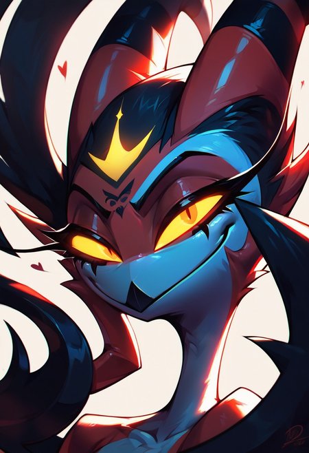 masterpiece, score_9, score_8_up, score_7_up, score_6_up, score_5_up, best quality, ultra-detailed, high resolution, solo, highly detailed portrait, blitzo, from helluva boss, imp demon, close-up, sharp smile, red skin, long horns, black stripes, glowing yellow eyes, mischievous expression, ((focus on face)), sharp focus, perfect lighting, dark background, high contrast, high detail, expressive face, smooth shading, shiny skin