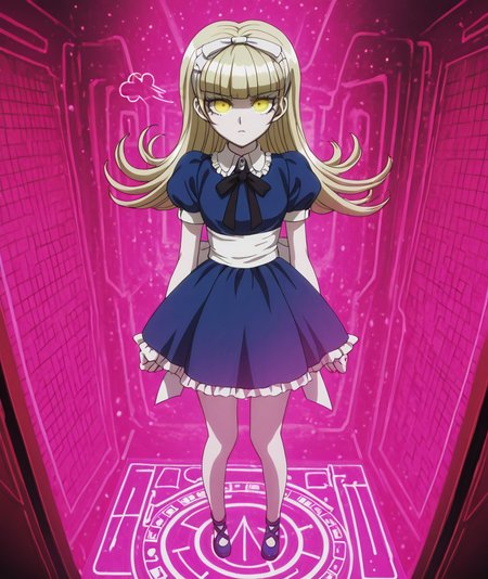 masterpiece, best quality, absurdres, <lora:anime_screencap-IllustriousV2:1>, anime screencap, anime coloring, 2d, anime style ,   This anime screencap is from Danganronpa the Animation.  , <lora:Devil_Survivor_Megaten_Megapack:1> , Straight-on , Fisheye , sigh  , 1girl,alice_(megami_tensei),blonde_hair,blue_dress,blunt_bangs,bow,demon_(megami_tensei),dress,eyelashes,flipped_hair,hair_ribbon,hairband,long_hair,megaten,puffy_sleeves,ribbon,shin_megami_tensei,short_sleeves,solo,yellow_eyes, shoes, blue_shoes , video_game_arcade, retro_gaming_machines, fighting_game_cabinets, rhythm_game_stations, high_score_displays_frozen, demon_summoning_game_prototypes, magical_girl_themed_arcade_games, pink_energy_power_sources, transformation_gaming_booth, costume_unlock_achievements, magical_enhancement_upgrades, supernatural_gaming_tournament_aftermath, reality_simulation_chambers, dimensional_gaming_portals