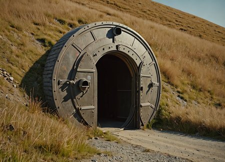 re-enforced round vault door on the side of a hill, at the end of a road  high quality, 4k, extreme detail . kodak 400 f12 <lora:addMoreDetails:1> Ultra details++ , add more details, hyperrealistic