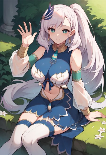 score_9, score_8_up, score_7_up, 1girl, solo, ReineBase, bright pupils, long hair, side ponytail, feather hair ornament, earrings, blue dress, navel cutout, detached sleeves, white thighhighs, waving at viewer, smile, :d, large breasts, outdoors, <lora:CHAR-PavoliaReinePonyXL:1>