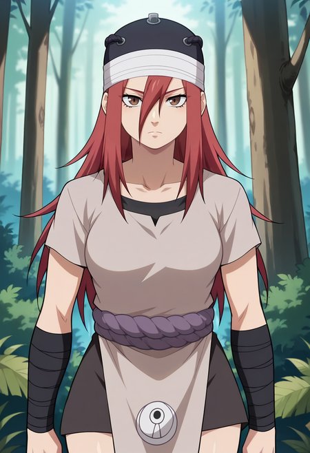 forest, solo, expressionless, looking at viewer,  upper body,
htayuya, long hair, hair between eyes, red hair, bangs brown eyes, medium breasts, collarbone,
hat,tunic,grey tunic,rope,short sleeves, pelvic curtain,
black sport bra, black short, bandages, black armband, black footwear, toeless footwear,
anime screencap, masterpiece, best quality, <lora:tayuya v1:0.9>,