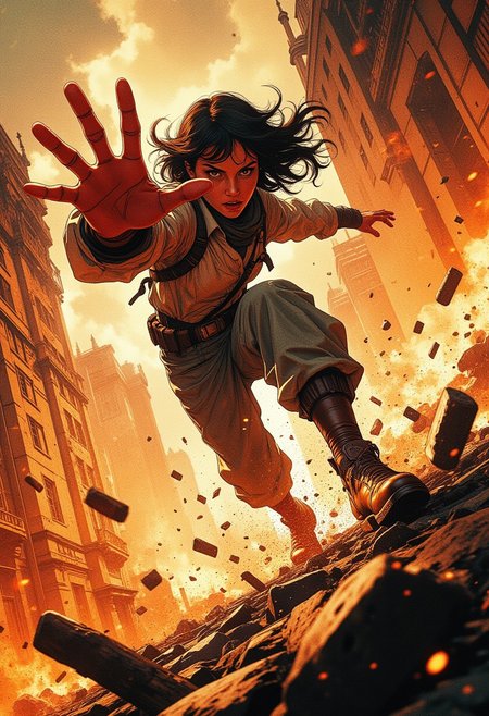 intense action shot, extreme dynamic pose, character mid-motion, her  body twisting with raw energy, limbs extending forcefully, hand reaching for the viewer like offering help, dramatic perspective foreshortening creating impact, hair and clothing flowing wildly from momentum, extreme motion blur on background elements emphasizing speed, foreground object partially obstructing the view for immersive depth, sparks or debris scattering from movement, lighting direction adding cinematic drama, vivid contrast between character and background, exaggerated perspective making the scene feel larger than life, chaotic energy captured in a single explosive moment