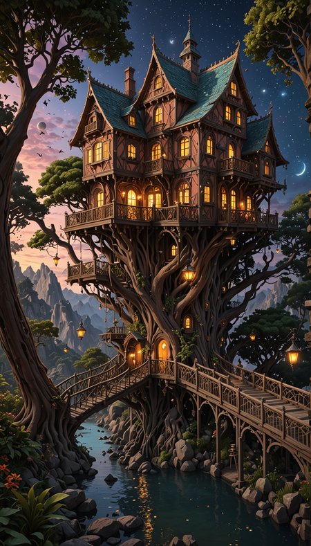 a wonderous and beautiful fantasy world with the Tree House Mansion, Bridge, Stars, in the night, insanely detailed and intricate, hyper maximalist, elegant, hyper realistic, super detailed, vivid colours, sunrise, ornate, dynamic, articulate, 8K, <lora:3D_Framed_Wall_Art_-_By_DICE:0.6>, (Framed 3D, 3d Tree), EPIC,  Painstaking Attention To Detail, UHD