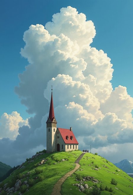 ghiblistyle, a small church on a high hill with astounding clouds above it, reflection
