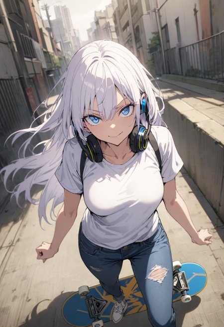 score_9, score_8_up, score_7_up, score_6_up, masterpiece, best quality, absurdres, cinematic, dynamic angle, perfect composition, solo, 1girl, medium breast, gojo satoru, blue eyes, white hair, long hair, headphones, jeans and t-shirt, skateboard, urban background, smirk, standing, looking at viewer,